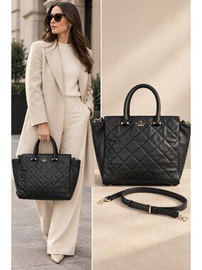 Kate Spade New York Black Quilted Leather Large Convertible Tote Satchel